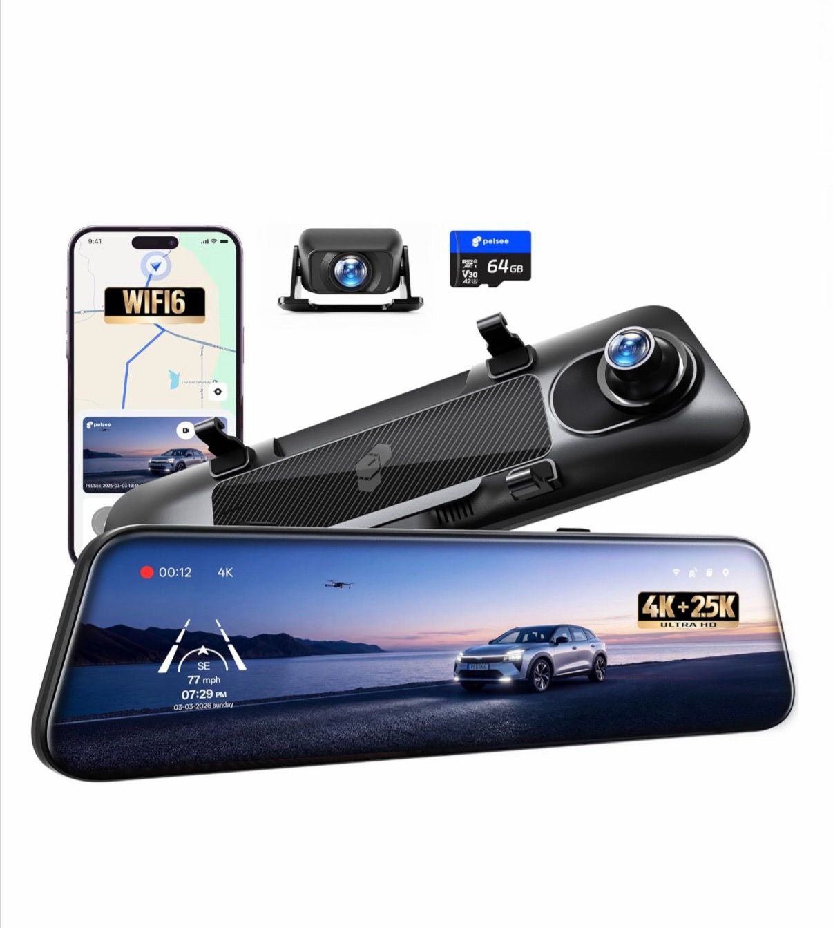 Pelsee S12 4K Front 2.5K Rear View Mirror Dash Camera, 8MP Sensor, Color Night Vision, GPS, Car Truck SUV