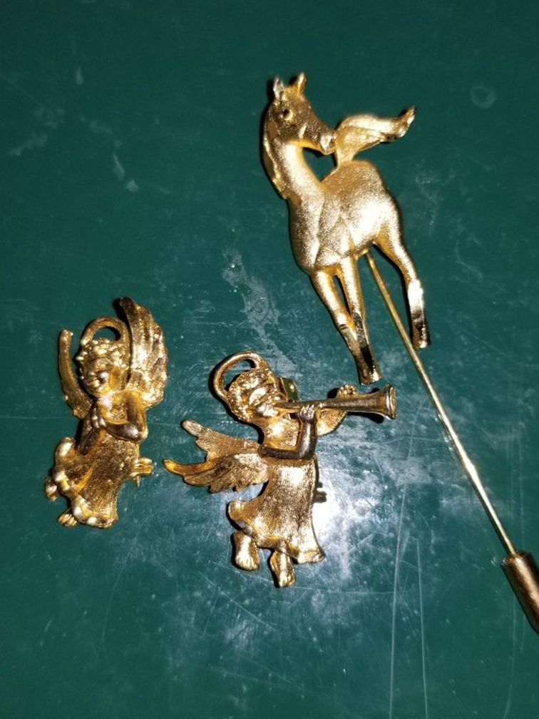 Gold Plated Angel And Horse Brooches