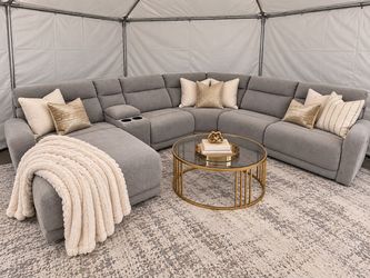 Large Gray Fabric Sectional Sofa with Chaise