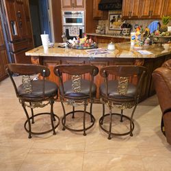 Set Of 3 Leather Swivel Bar Stools