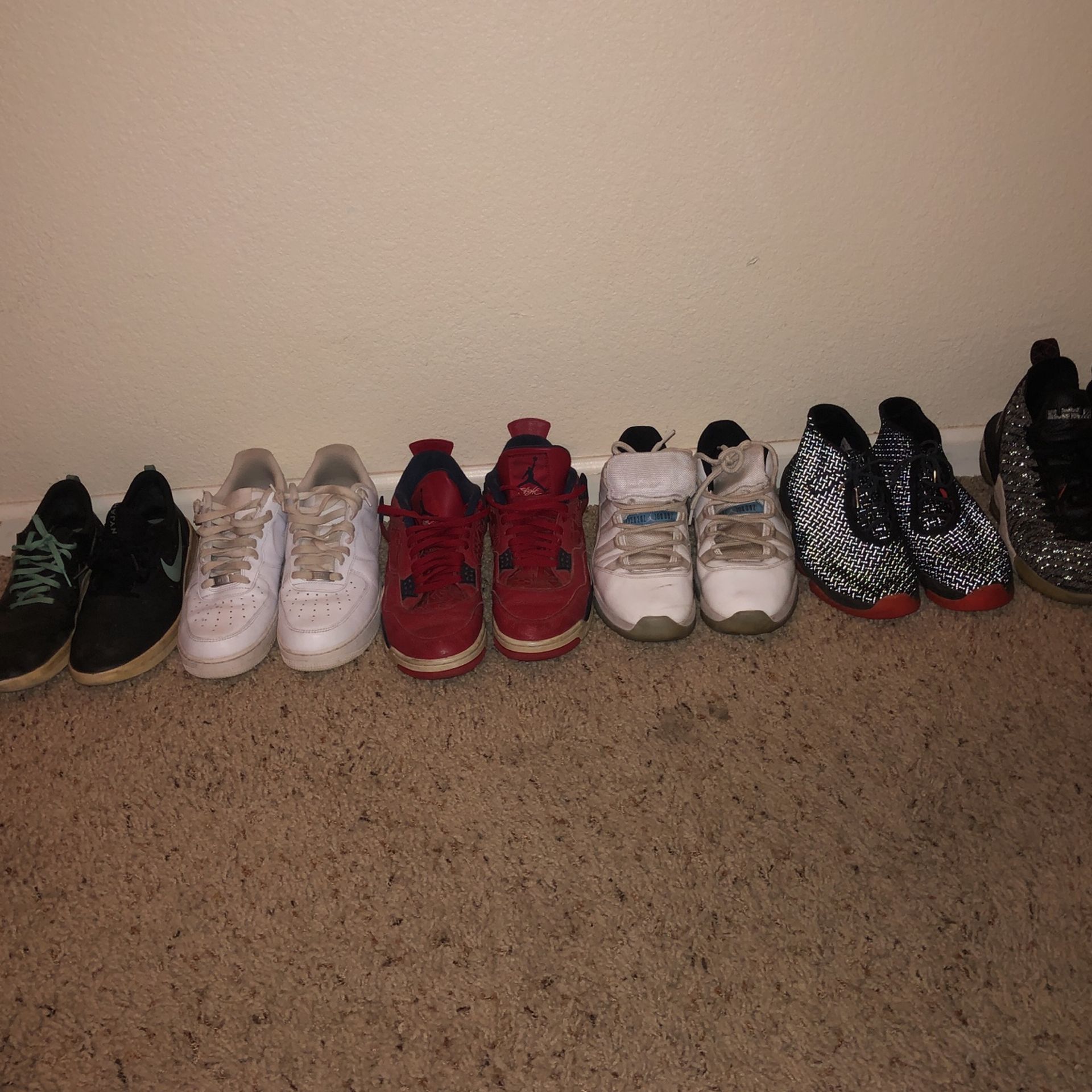 White Airforce 1s , Jordan 11 “Legend Blues” , Jordan 4 “Fibas” , Nike Nyjah’s , Lebron 16 “Oreos” , Jordan Future Infrored