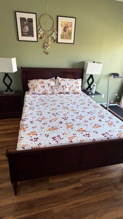 Cherry Queen Sleigh Bed, Dresser, 1 nightstand, 1 laptop table, Queen Box & Queen 6” mattress if you would like.