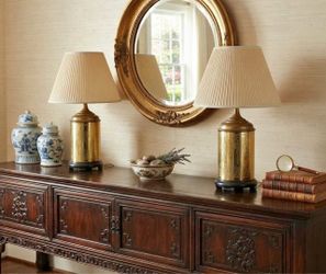 Pair of Vintage Etched Brass Canister Table Lamps with Pleated Shades