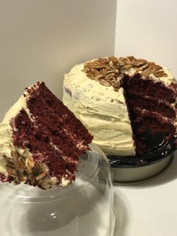 Red Velvet 3 Layer Cake with Pecans! From Scratch! Purchase the Entire Cake For $32 or a JUMBO slice for only $5! Made Freshly everyday by request!