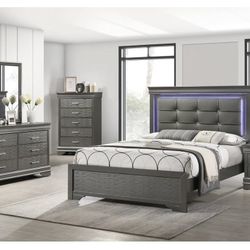 Gray Queen Bed Frame With LED Lights (Free Delivery)