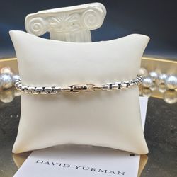 David Yurman Sterling Silver 4mm Box Chain Mens Bracelet With Gold Sz Xl