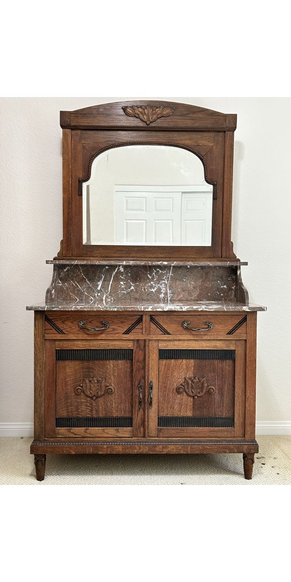 Antique Carved Oak Sideboard with Detachable Mirror and Marble Top