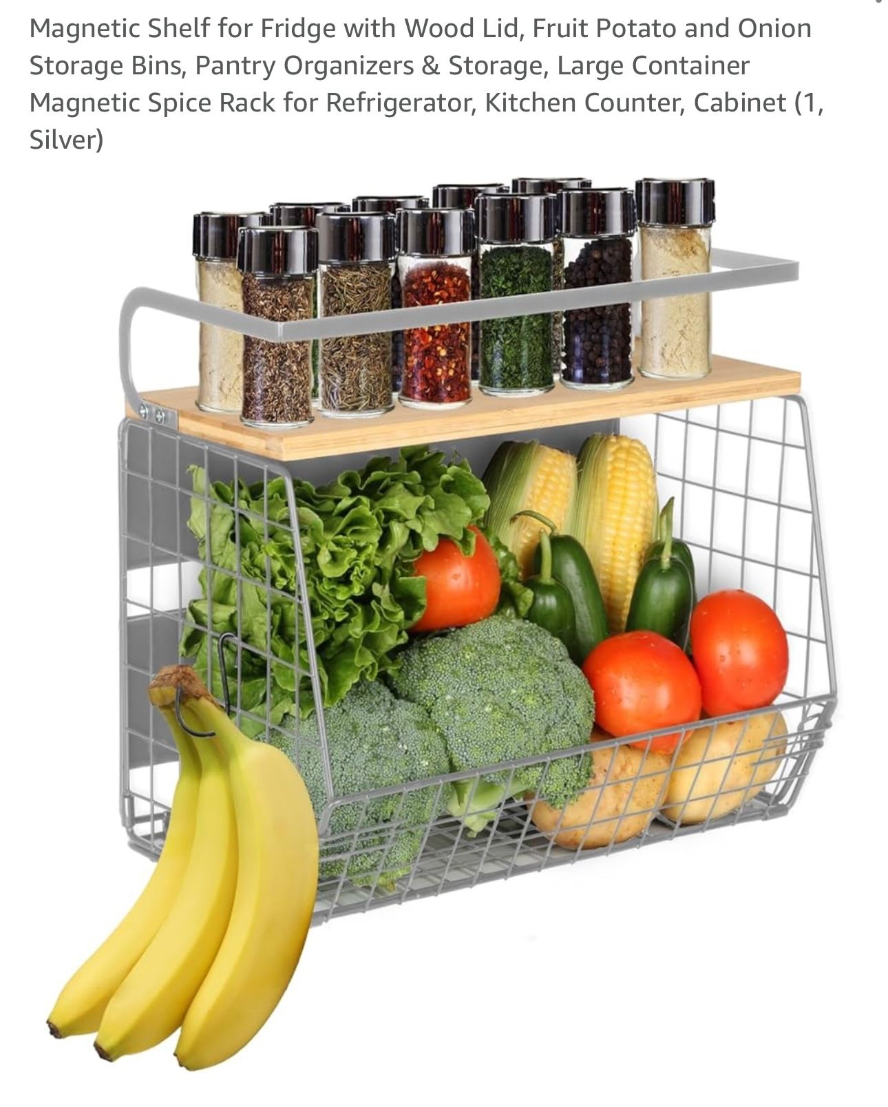 Magnetic Shelf for Fridge with Wood Lid, Fruit Potato and Onion Storage Bins, Pantry Organizers & Storage, Large Container Magnetic Spice Rack for Ref