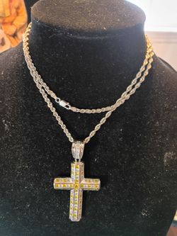 925 Italy silver rope chain necklace & 925 silver cross with yellow CZ stones with lobster clamp