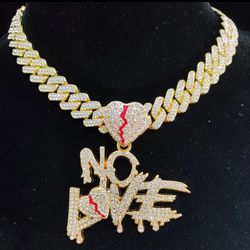 No Love Heart Pendant Necklace with 14mm Cuban Chain