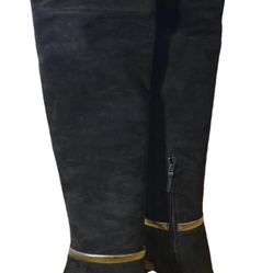 FENDI Black suede over the knee boots with gold leather detail