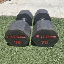 70 Pound Dumbbells ETHOS Rubber Hex Dumbbells