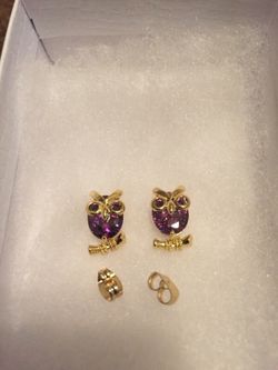 18 kt gold plated owl stud earrings purple zircon