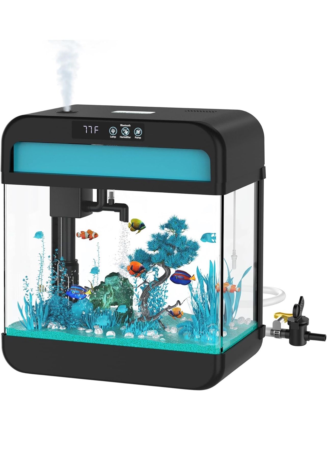 Small Fish Tank Aquarium 2.2 Gallon Glass Fish Tank Starter Kits with Silent Filter Pump, LED Light, humidifier and Betta Fish Tank