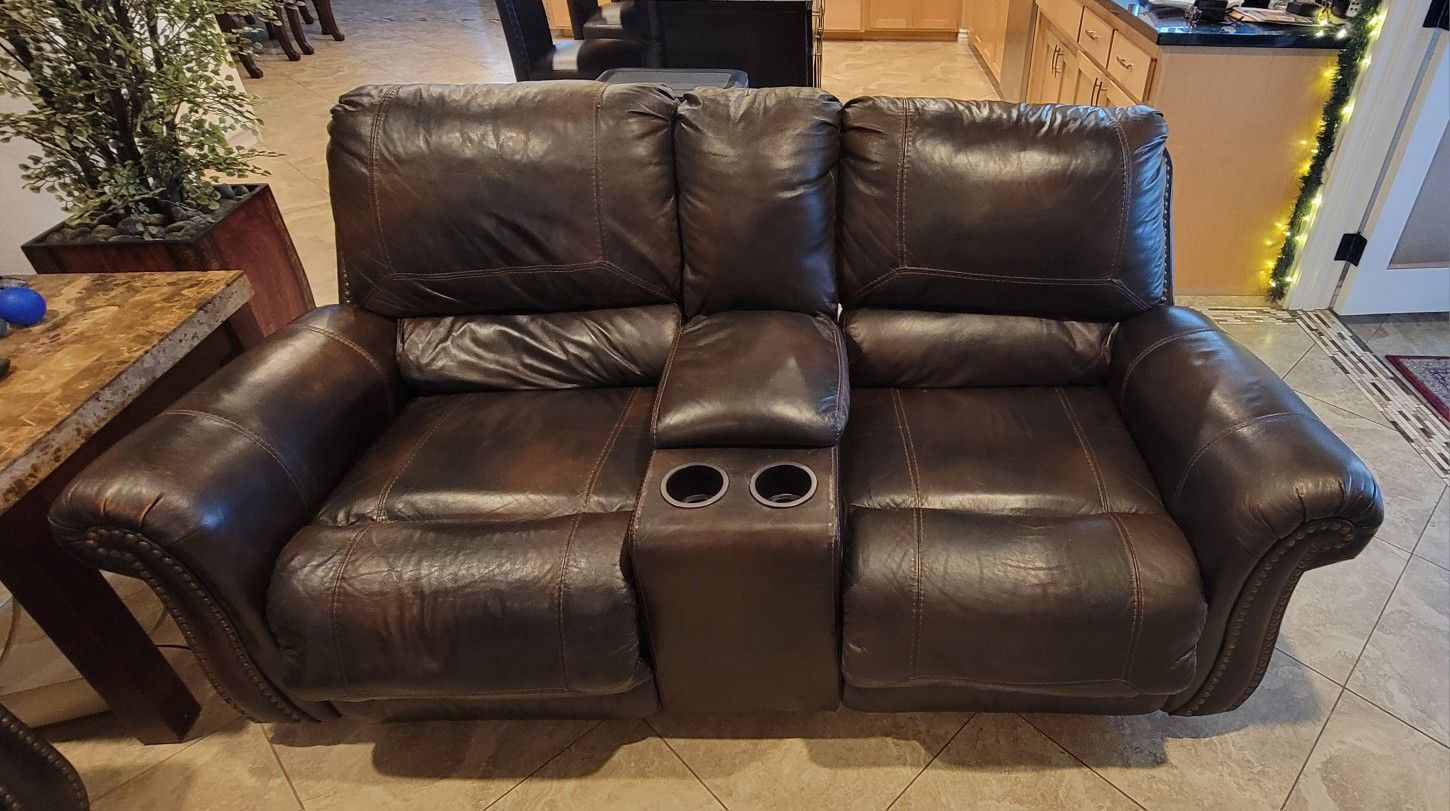 Ashley Double Power Leather Recliner Loveseat & Sofa With Console