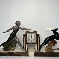 Art Deco Antique French Sculpture Woman & Antelope