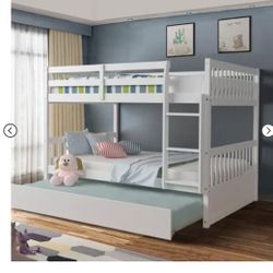 Full over Full Bunk Bed Platform Wood Bed w/ Trundle & Ladder Rail Brown/White