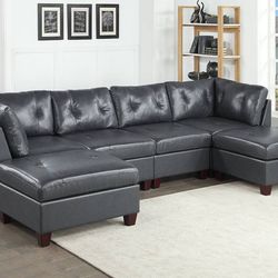 Brand New Black Real Leather U Shape Double Chaise Sectional 