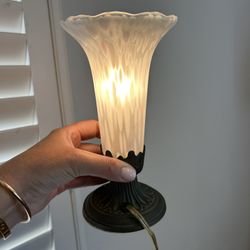 Vintage Andrea By Sadek White Frosted Glass Fluted Tulip Boudoir Lamp Collectible WORKS Small Light Night Light Collectible Antique 