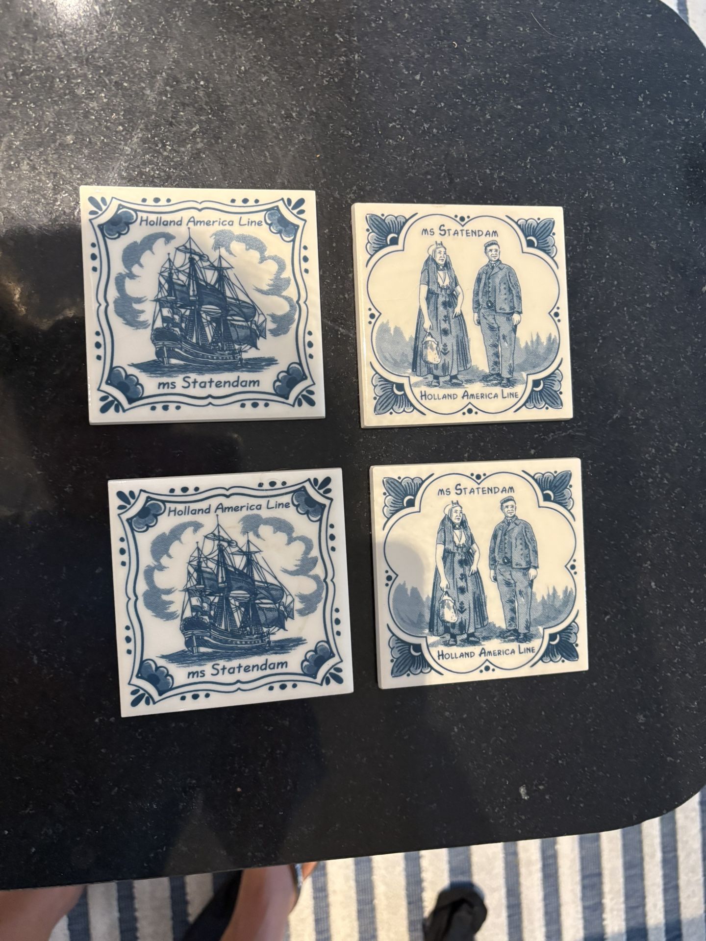 Lot of 4 Holland America Cruise Line Ship Blue White Porcelain Coaster Tiles