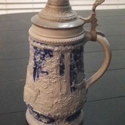 antique Westerwald German pottery pewter figural lidded beer stein mug tankard


