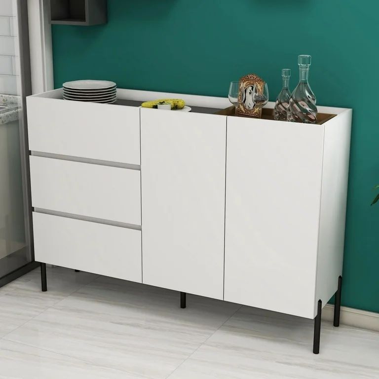 White Wooden Storage Buffet Cabinet, 2 Door 3 Drawer Modern Sideboard (55.12"W x 15.67"D x 31.5"H)
