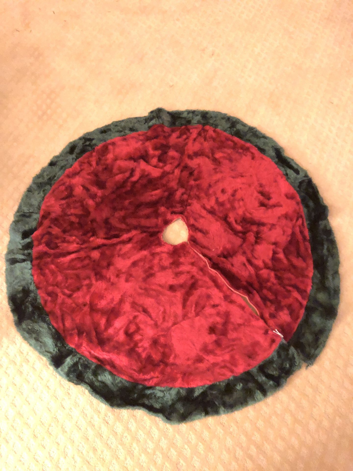 Red and green plush velvet feel Christmas tree skirt