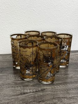 Vintage Cera Old World Map Highball Glasses Set of 8 – 22K Gold MCM