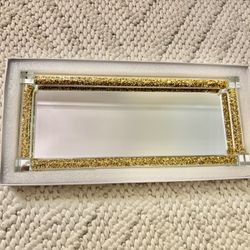 NWT elegance Crystal Styled Glass tray in gold size 34cm X 14 cm