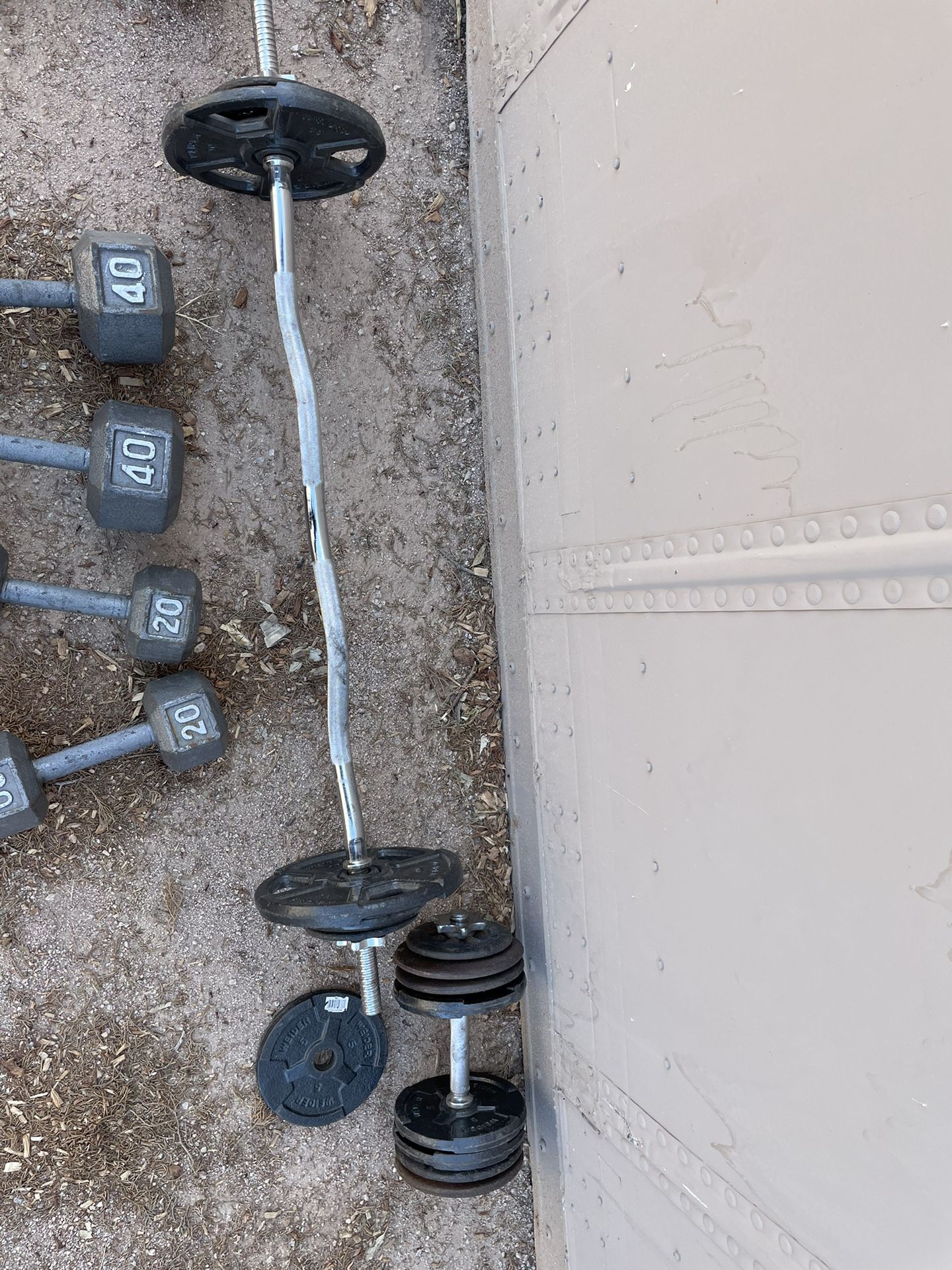 Curl Bar With 80 Lb In Weights And 20 Lb Dumbbells