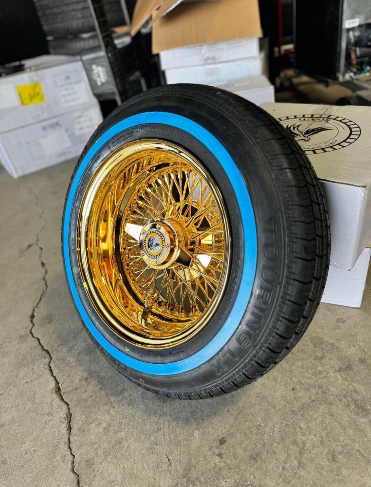 14x7 72 Spoke ALL GOLD Wire Wheels with Remington Tires We Finance