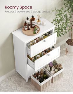Storage Cabinet, Freestanding Floor Cabinet, 2 Drawers with 1 Set of Adjustable Divider, 2 Baskets, Sideboard, 11.8 x 23.6 x 31.5 Inches, for Bathroom
