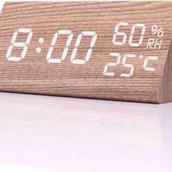 Wooden Digital Alarm Small Clock ,Electronic LED Time Date Display Adjustable Brightness,3 Alarm Settings, Humidity & Temperature Detect for Bedroom O