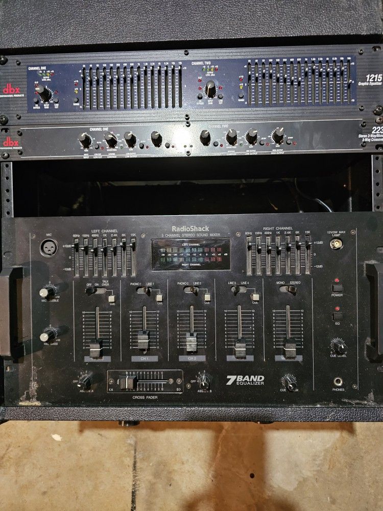 DBX Equalizer & 3 Way Crossover Two Crown Amps with a Rack Rider Power Conditioner Light Module and a Radio Shack Stero Sound Mixer in Gator Case