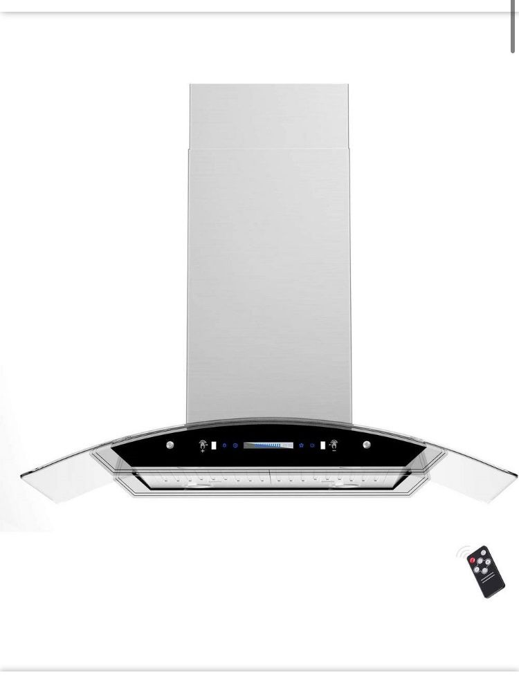 NEW IN BOX Dalxo 36 in. 600 CFM Ducted Island Range Hood 4 LED Tempered Glass and Gesture Touch Pannel in Stainless Steel