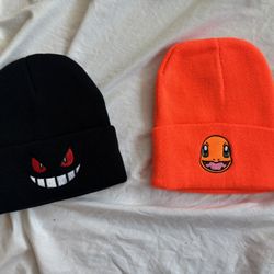 Black Gengar And Orange Charmander Pokemon Beanie Set