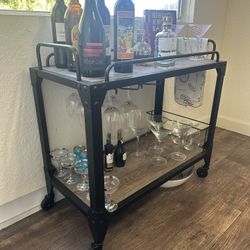 Barw Cart with Wine Glass Rack – 2-Tier, Rolling, Wood & Black Metal