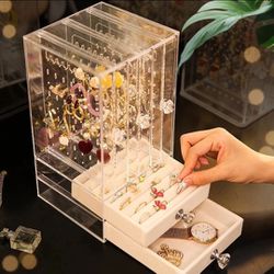 Clear, Acrylic Earring Holder and Jewelry Organizer with 5 Drawers,Dustproof Jewelry Rack Display Classic