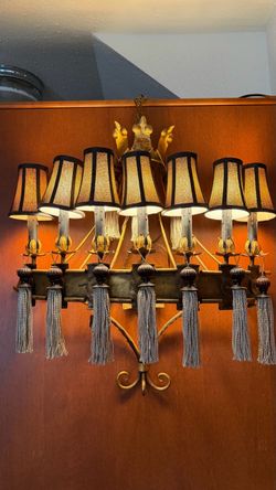 Large Gold Tole Chandelier with Tassels and Shades