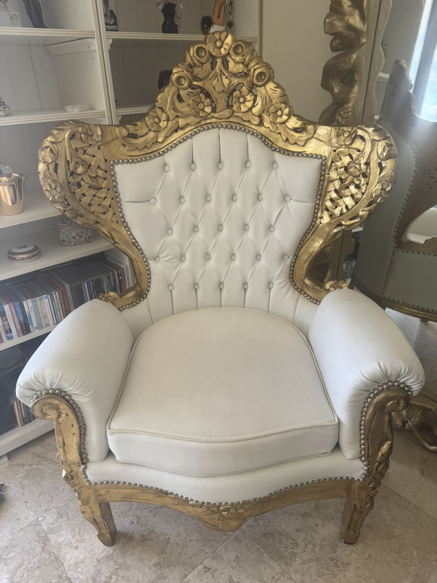 Oversized Accent Chair White Vegan Leather & Gold Frame
