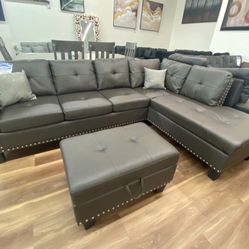 New Dark Brown Faux Leather Sectional And Storage Ottoman Sofa Couch 