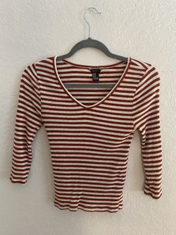 Red And White Striped Long Sleeve From Forever 21 With V Neck Size M