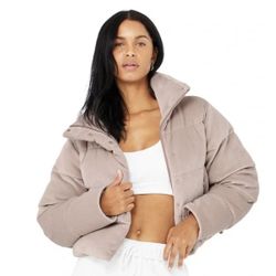 Alo Yoga Cropped Ribbed Velour Gold Rush Puffer Jacket Coat Dusty Pink X Small