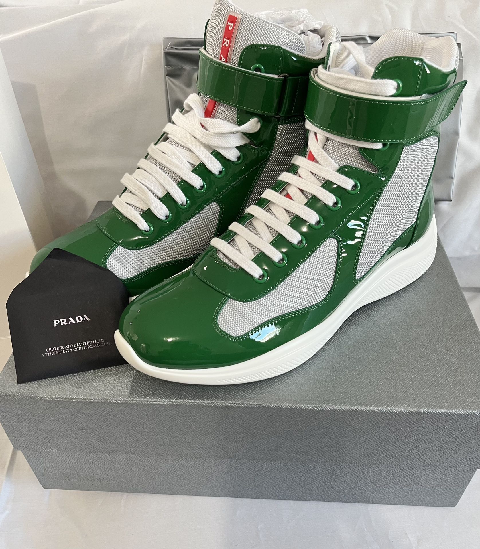 NEW PRADA America's Cup High-Top Patent Leather Green/White Sneakers (Size:  Euro 44, US 10-11) for Sale in Valley Stream, NY - OfferUp