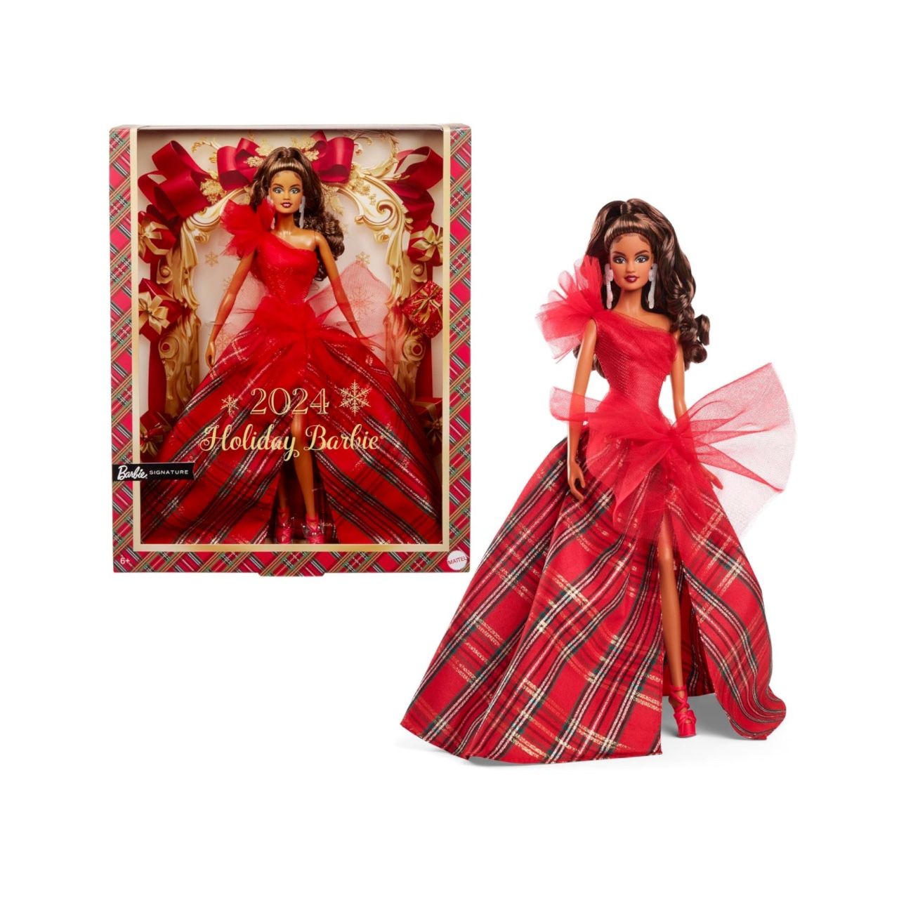 Barbie Signature 2024 Holiday Barbie Doll Light Brown Hair Plaid Gown - New
