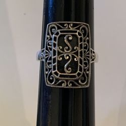 Sterling silver and onyx open work textured ring size 10