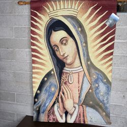 Vintage Our Lady of Guadalupe Woven Tapestry Wall Hanging 38.5” x 25” USA
