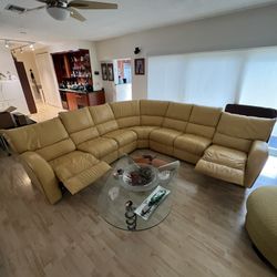 Yellow Leather Sectional W/ Two Recliners, One On Each End