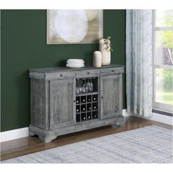 Darcy Weathered Ash Wine Server / Buffet – 2 Doors, 3 Drawers, Wine & Glass Storage