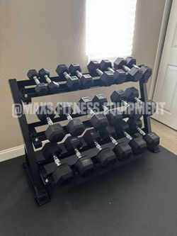 NEW DUMBBELLS IN BOX 5-50 WITH RACK